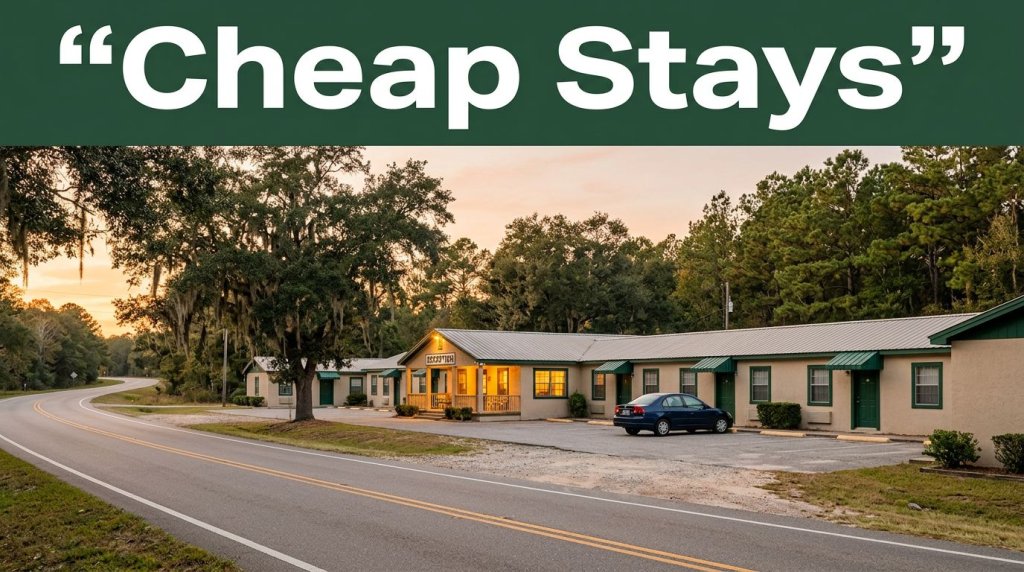 A modest motel at sunset beside a quiet highway with oak trees and a warmly lit office.