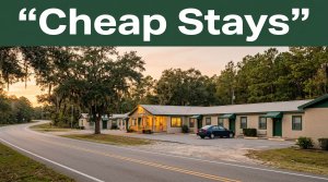 A modest motel at sunset beside a quiet highway with oak trees and a warmly lit office.