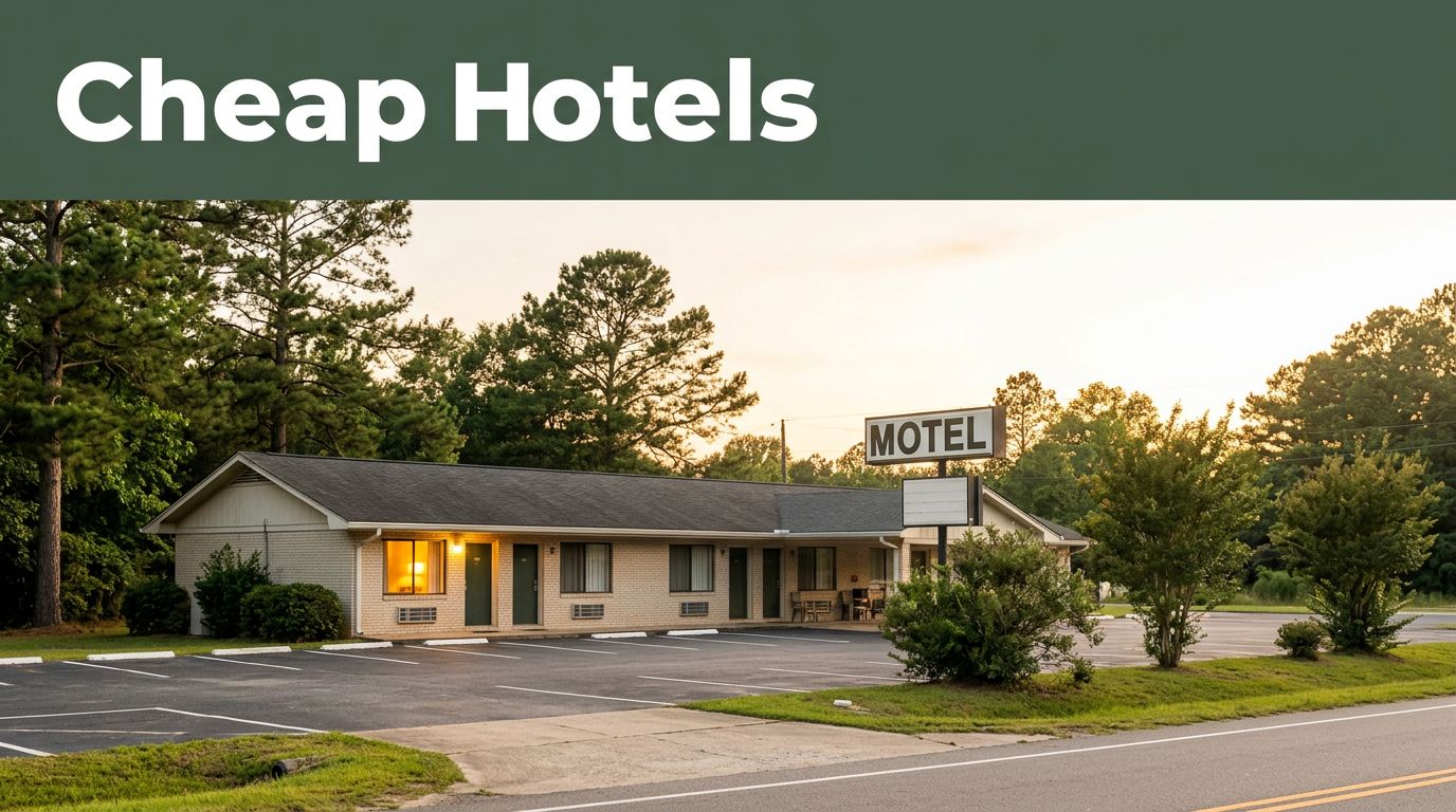A modest rural motel glows in the golden hour light near Geneva County, Alabama.