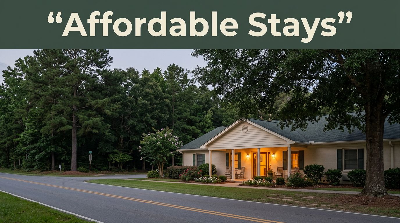 A warm hotel entrance glows at dusk beside a quiet rural Alabama road.