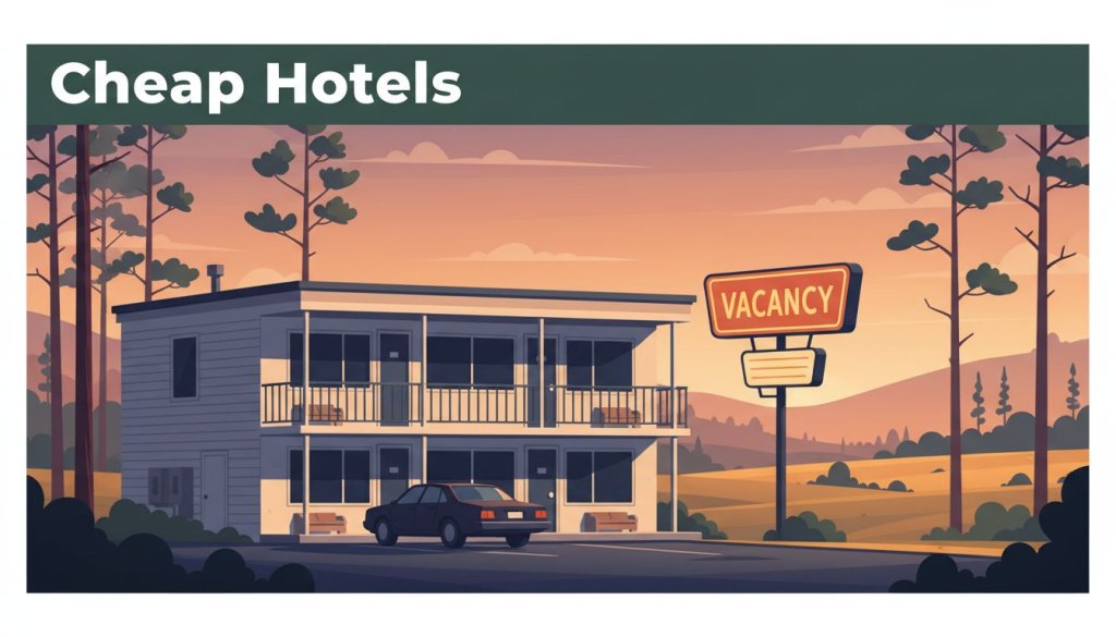 A roadside budget motel with a glowing vacancy sign at sunset.