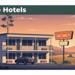 A roadside budget motel with a glowing vacancy sign at sunset.