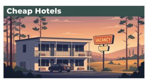 A roadside budget motel with a glowing vacancy sign at sunset.