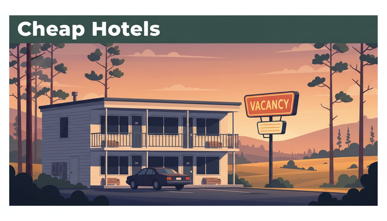 A roadside budget motel with a glowing vacancy sign at sunset.