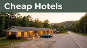 A quiet rural budget motel exterior glowing at golden hour next to a two-lane road.