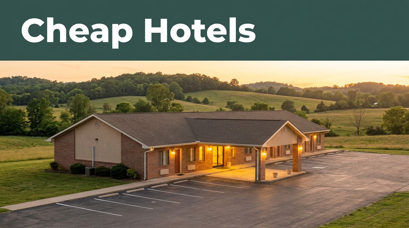 A modest roadside budget motel with a warmly lit entrance against rural green hills.
