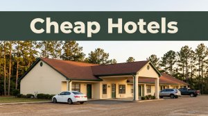 A clean roadside budget motel in rural Alabama during golden hour with parked cars.