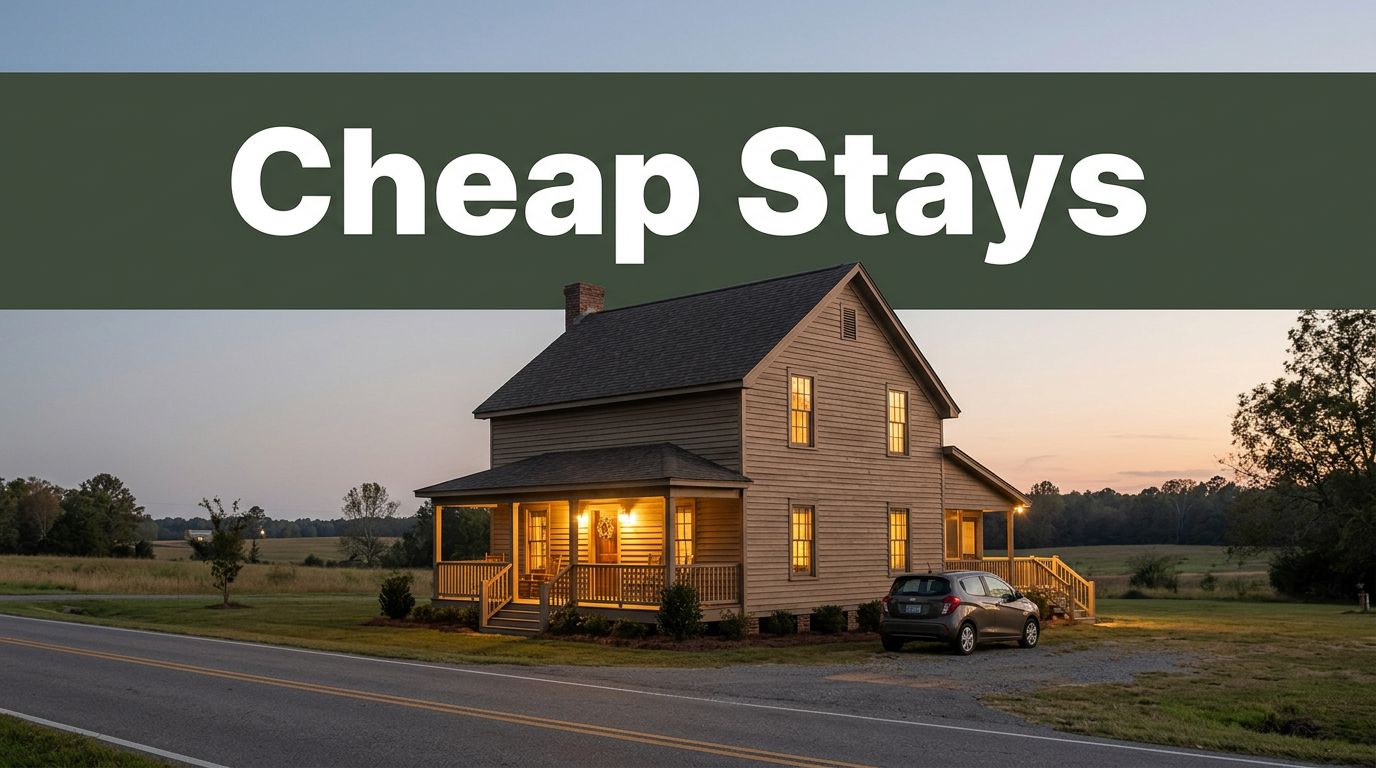 A charming historic guesthouse beside a quiet rural road in Alabama at dusk.