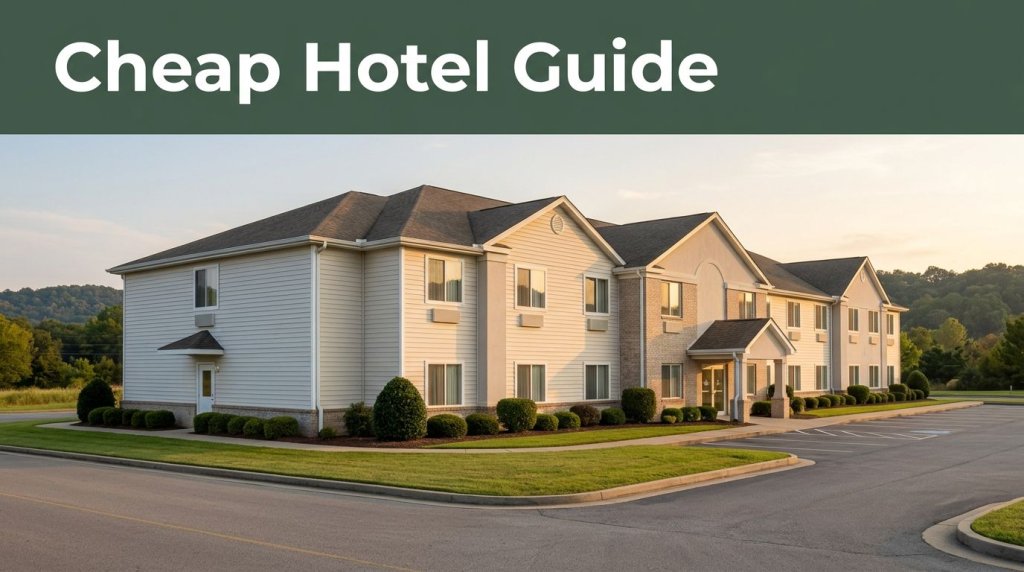 A welcoming budget hotel exterior along a quiet road during evening light with a wooded backdrop.