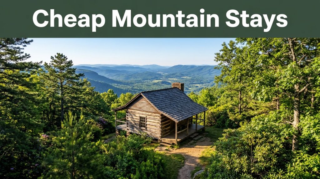 A rustic cabin nestled in lush green trees with a scenic mountain valley view.