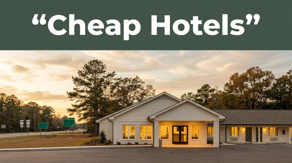 An affordable roadside motel illuminated by warm golden hour sunlight.