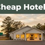 An affordable roadside motel illuminated by warm golden hour sunlight.