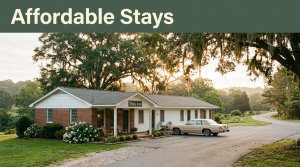 A modest roadside motel surrounded by trees in the golden morning light.
