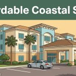 A welcoming hotel exterior with palm trees and a glimpse of Gulf Coast water.