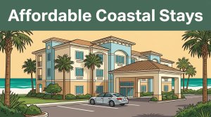A welcoming hotel exterior with palm trees and a glimpse of Gulf Coast water.