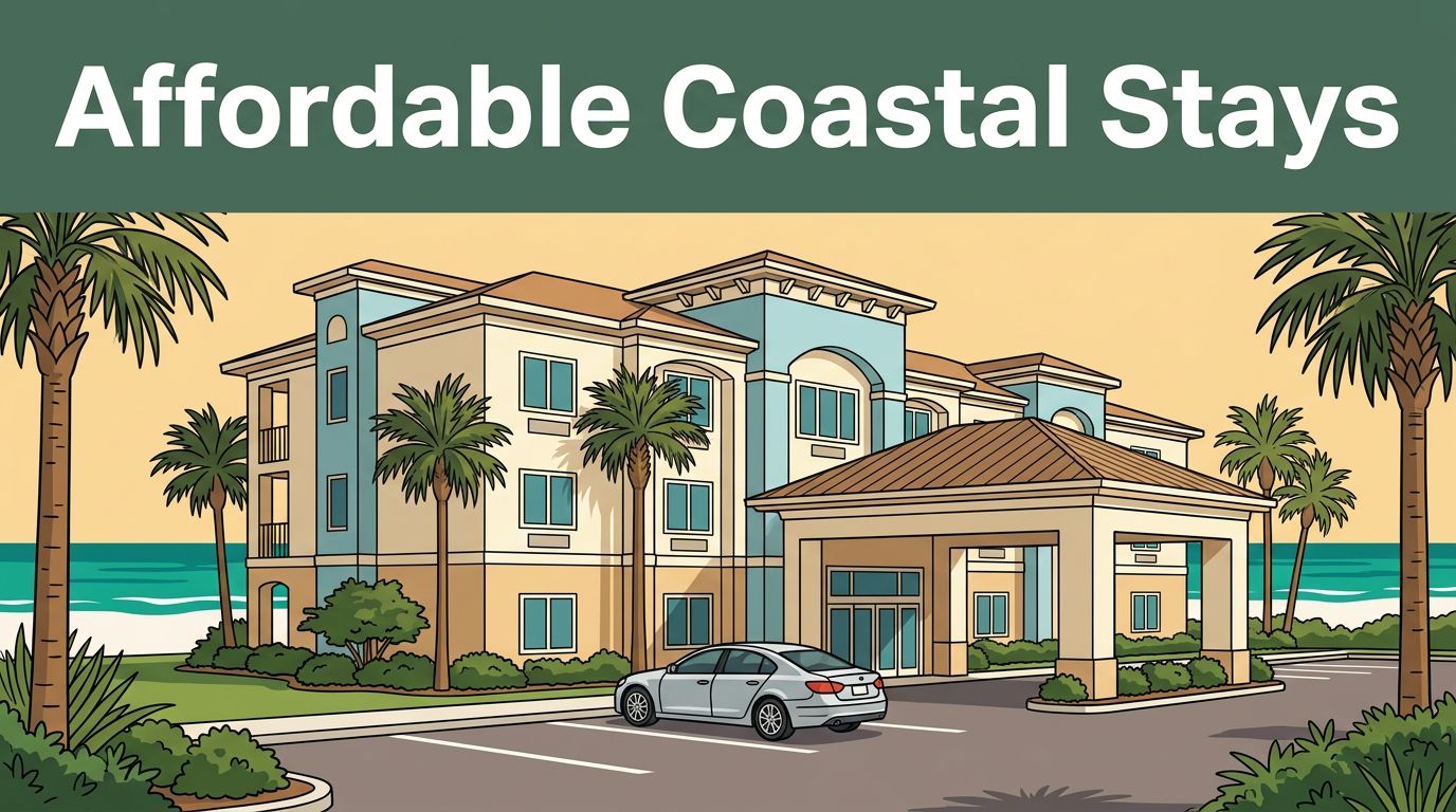 A welcoming hotel exterior with palm trees and a glimpse of Gulf Coast water.