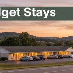 A modest budget motel with warm lights glowing at dusk along a quiet rural roadside.