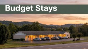 A modest budget motel with warm lights glowing at dusk along a quiet rural roadside.