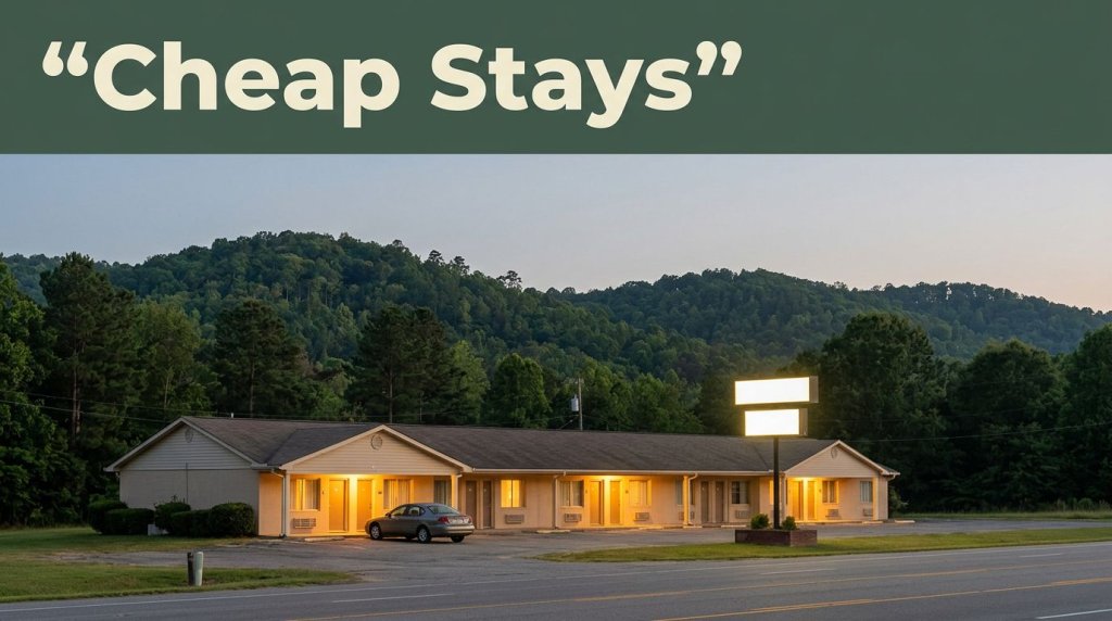 A warmly lit budget roadside motel at dusk with rolling hills behind it in Alabama.