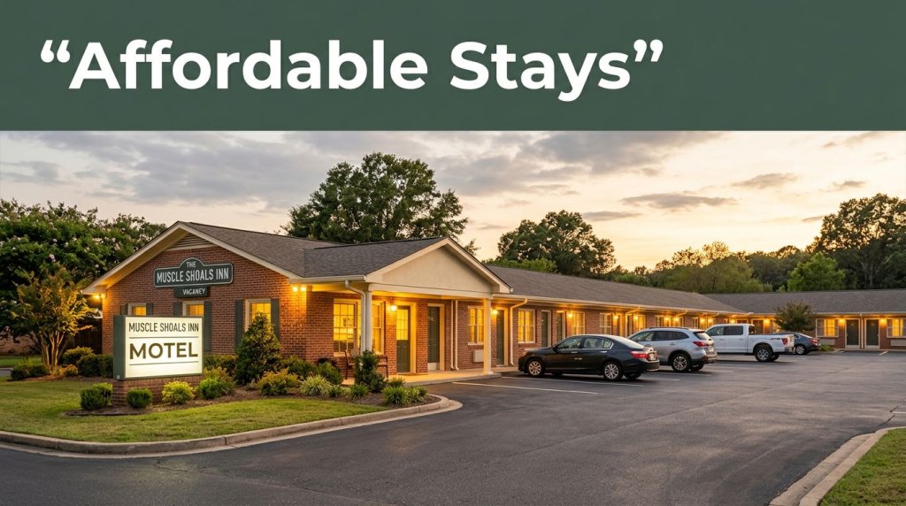 An affordable roadside motel in Florence, Alabama, glowing at golden hour.
