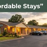 An affordable roadside motel in Florence, Alabama, glowing at golden hour.