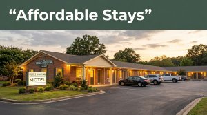An affordable roadside motel in Florence, Alabama, glowing at golden hour.