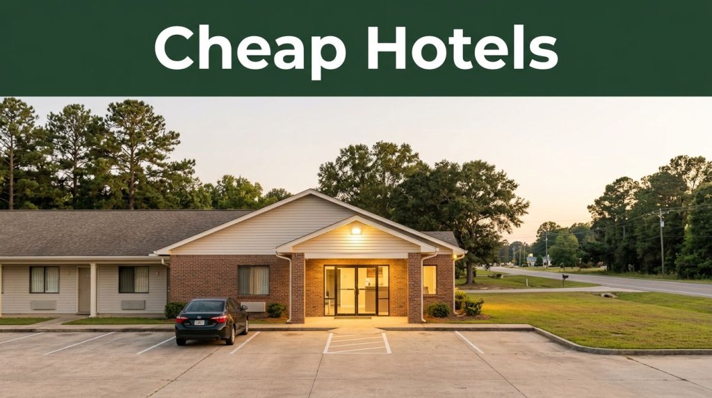 A modest roadside budget hotel exterior at golden hour near Stockton, Alabama.