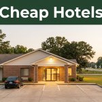 A modest roadside budget hotel exterior at golden hour near Stockton, Alabama.
