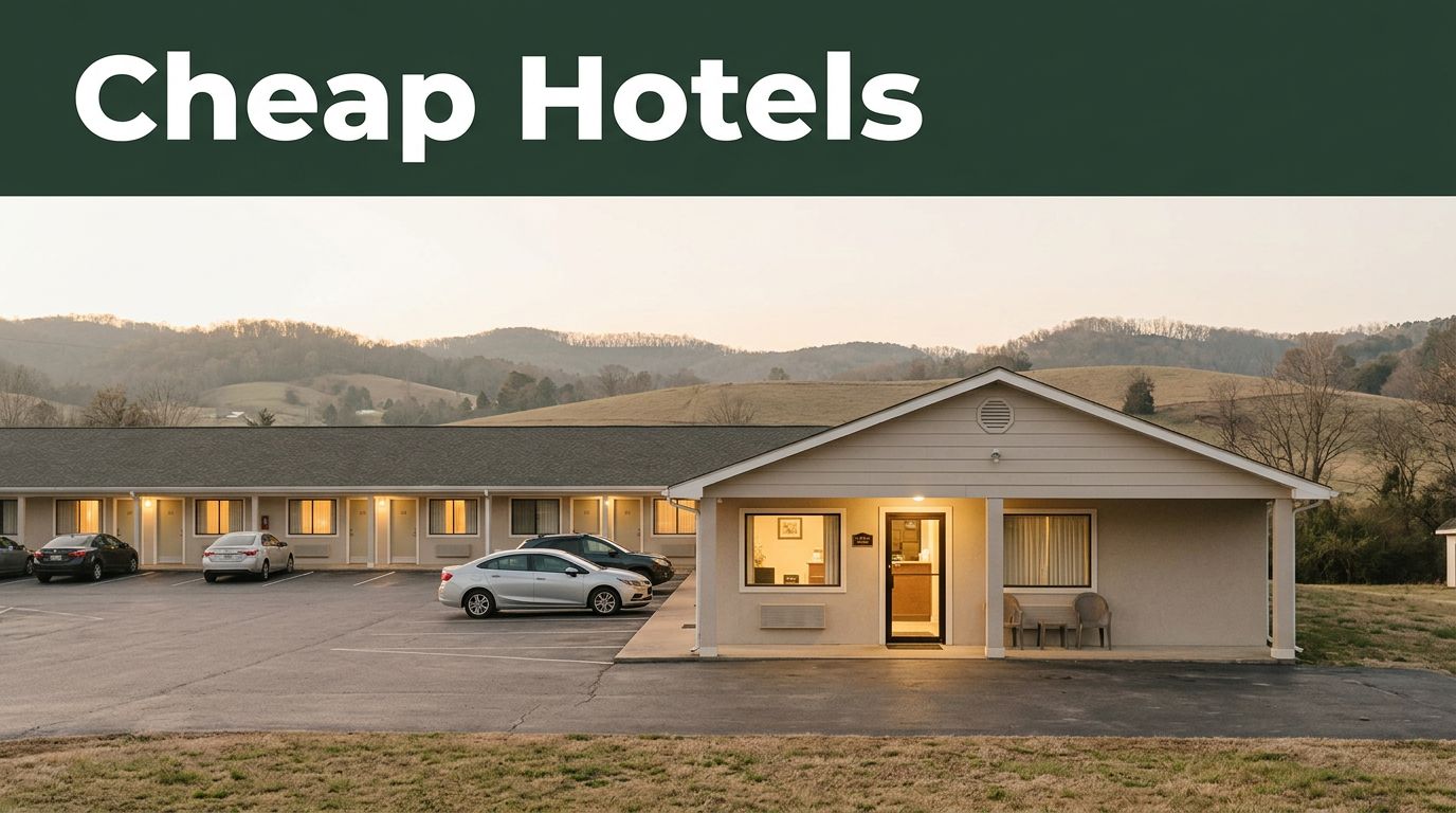 A clean roadside budget motel with parked cars and a welcoming entrance under morning light.