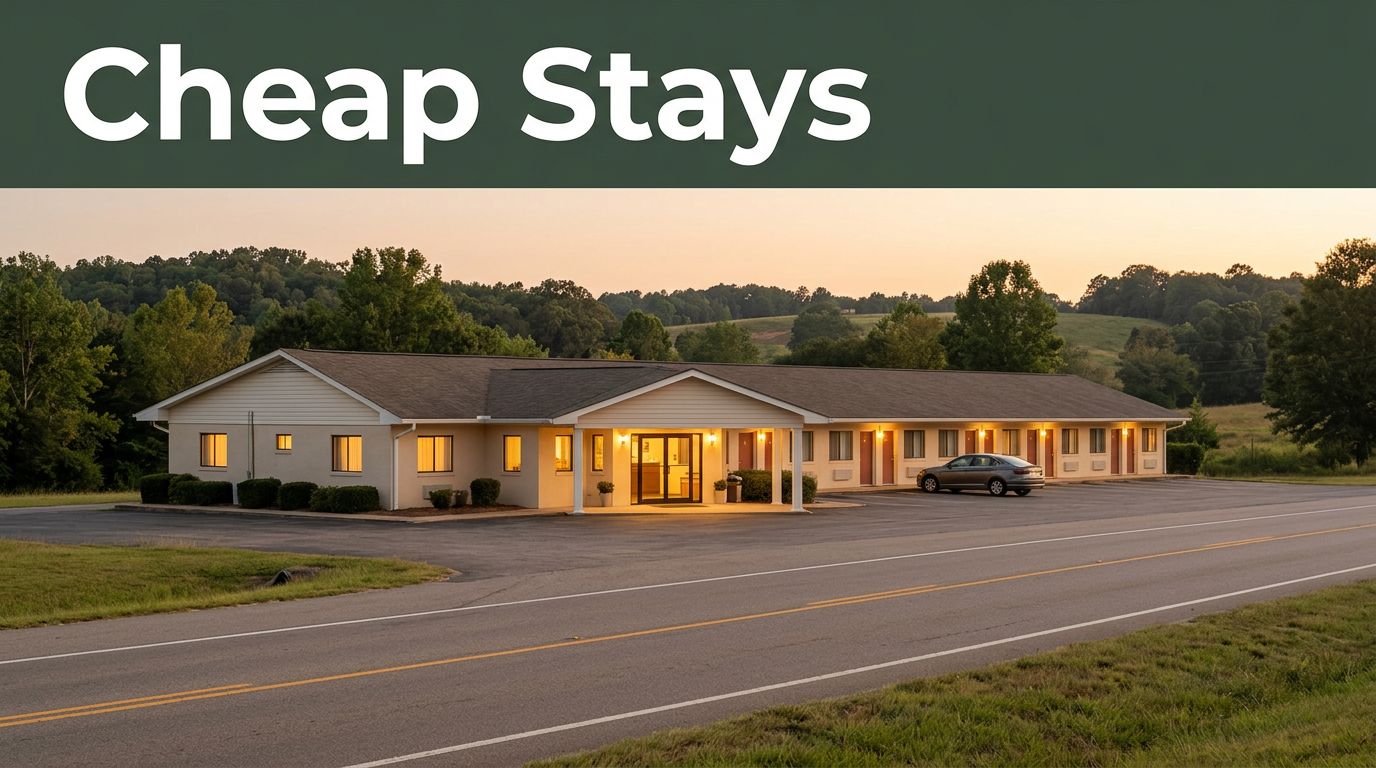 A warm golden hour view of a quiet budget roadside motel in rural Alabama.