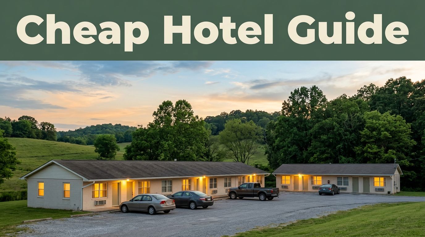 A modest roadside motel with warm window lights under rolling green hills at dusk.