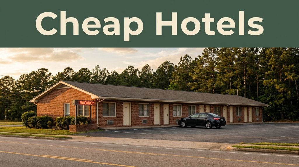 A modest roadside motel with a glowing vacancy sign during sunset.