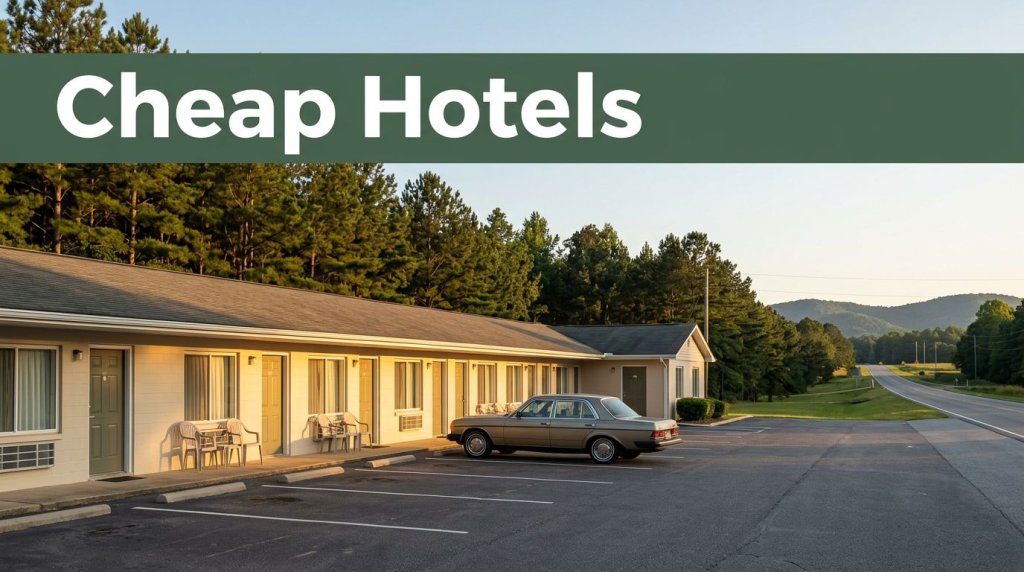 A quiet rural Alabama motel near a highway during golden hour with pine trees and a parked car.