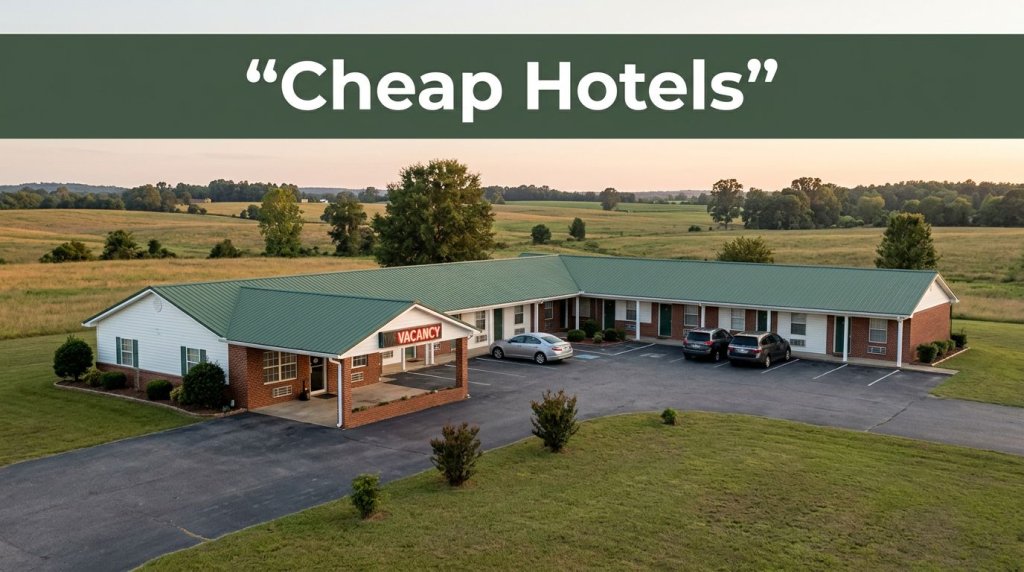 A modest roadside motel with a glowing vacancy sign and parked car along a quiet highway at dusk.