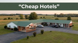 A modest roadside motel with a glowing vacancy sign and parked car along a quiet highway at dusk.