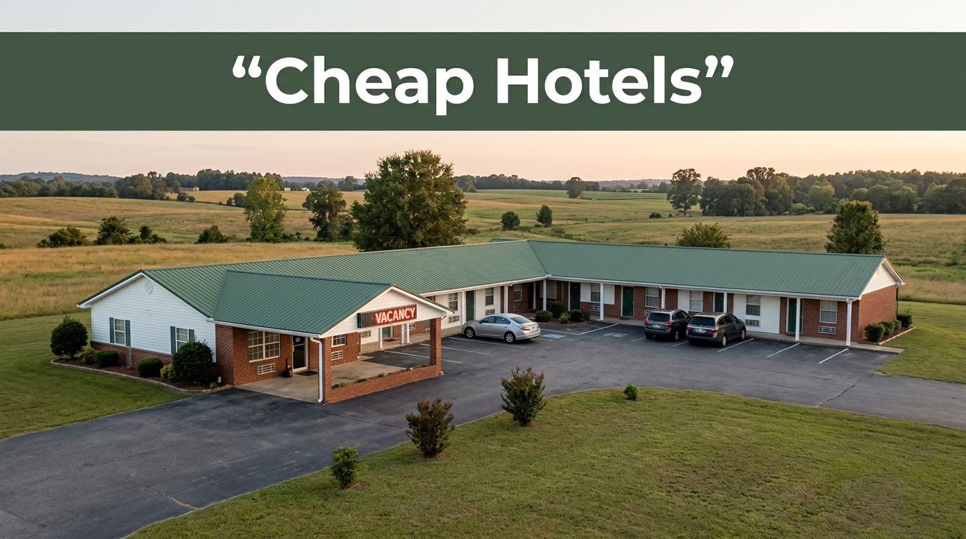 A modest roadside motel with a glowing vacancy sign and parked car along a quiet highway at dusk.