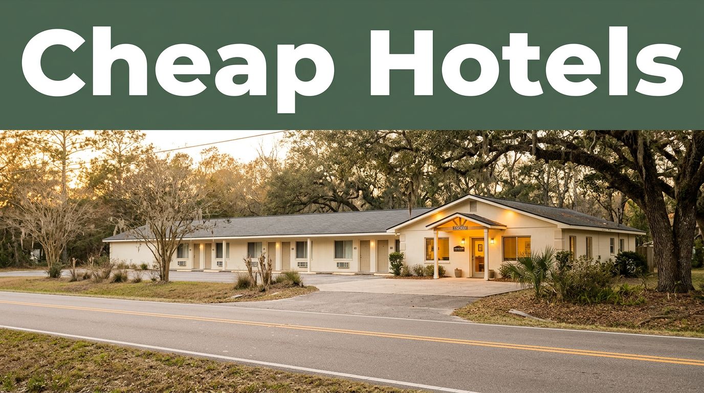 A clean budget motel glowing warmly during golden hour near rural oak trees.