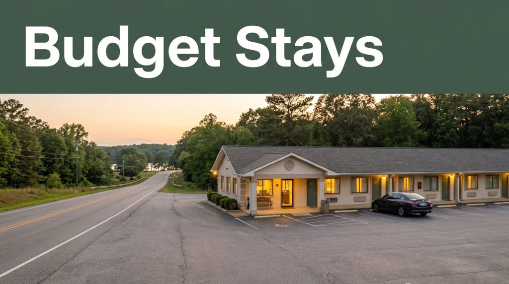 A roadside budget motel with glowing windows along a quiet rural highway at sunset.