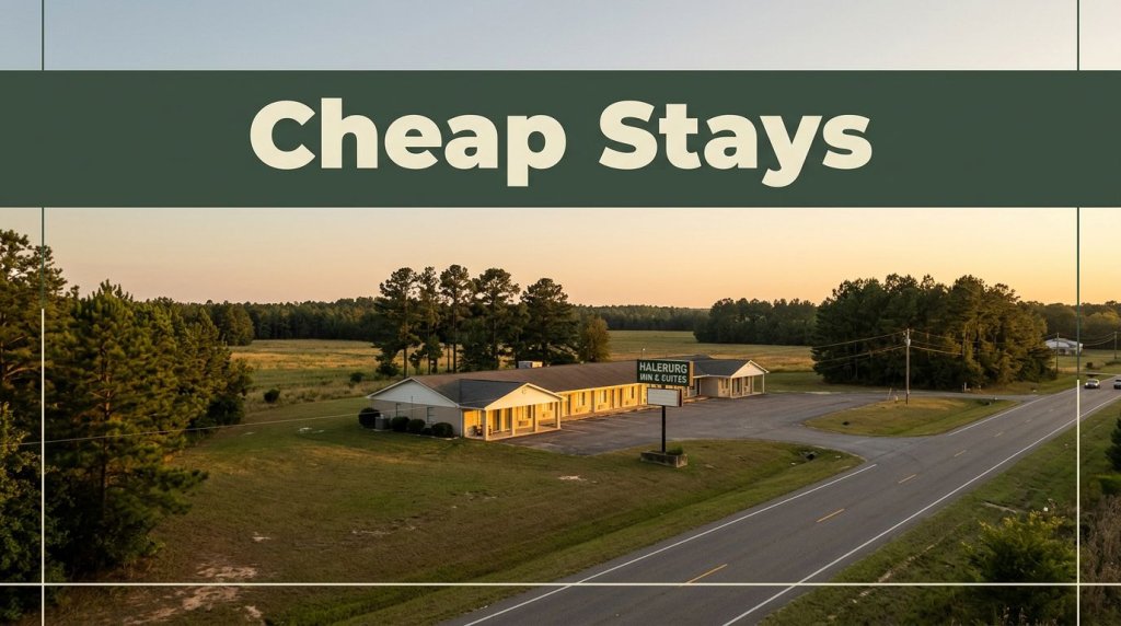 A modest roadside motel with warm lights glowing at dusk near rural farmland.