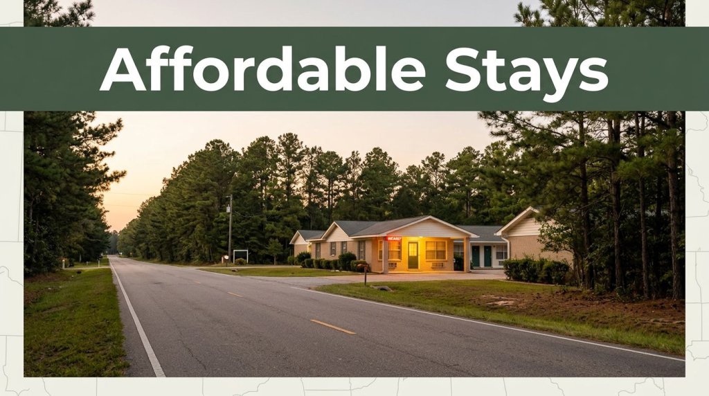 An illuminated motel vacancy sign glows softly beside a quiet rural highway framed by pine trees.