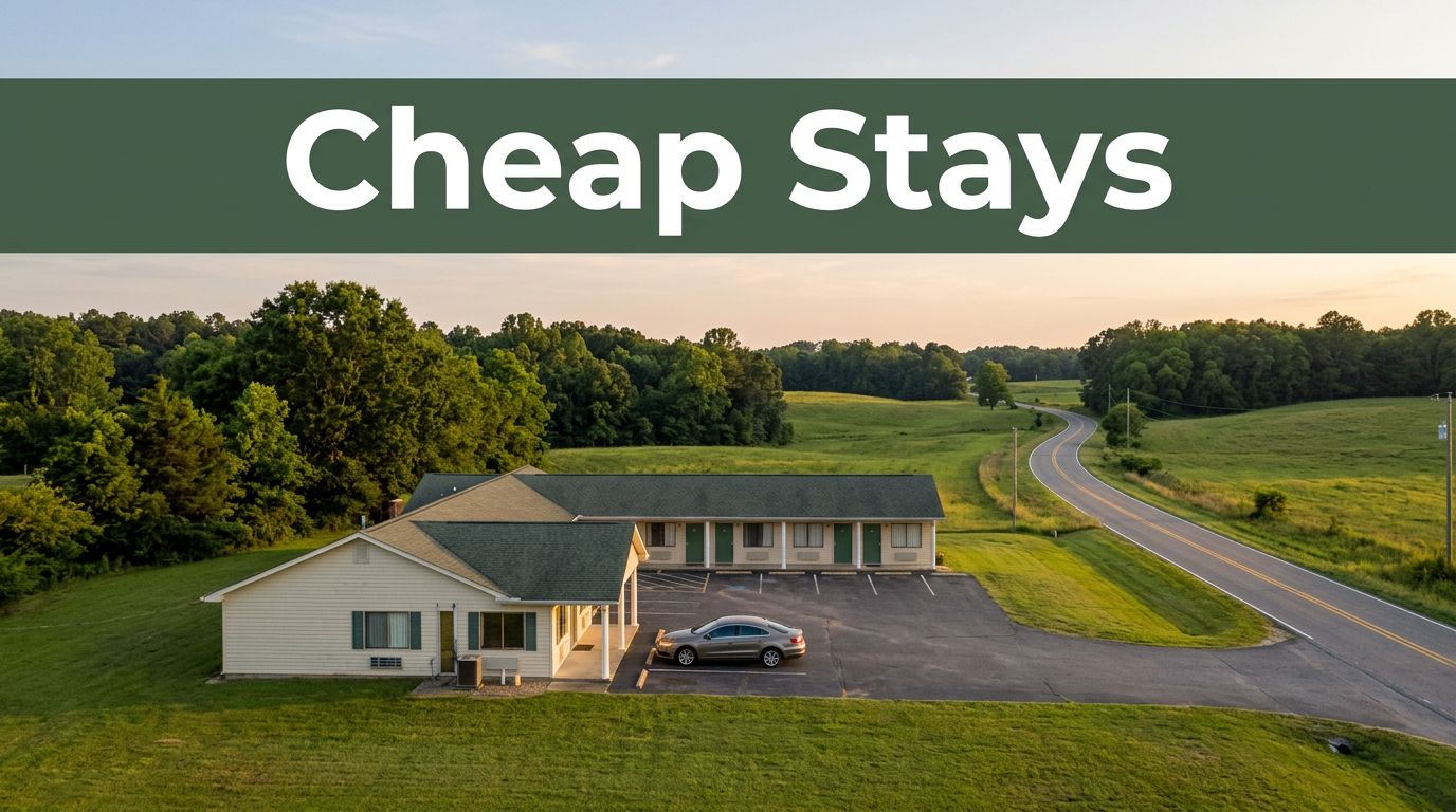 A modest roadside budget motel in rural Alabama during golden hour with a parked car.