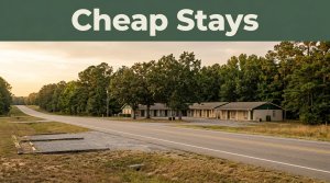 A modest roadside motel along a rural Alabama highway at sunset.