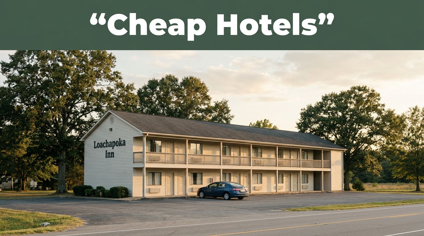 A modest two-story roadside motel beneath oak trees in the late afternoon.