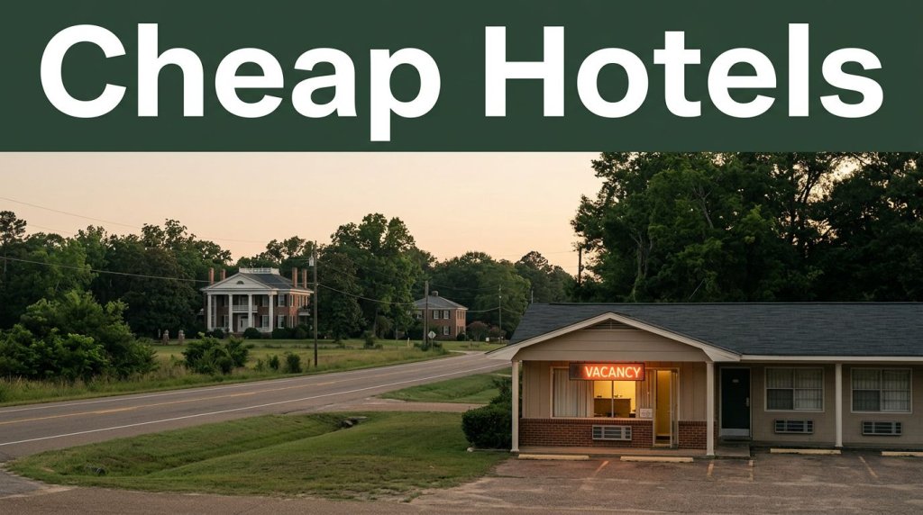 A modest roadside hotel along a quiet highway at sunset with a glowing vacancy sign.