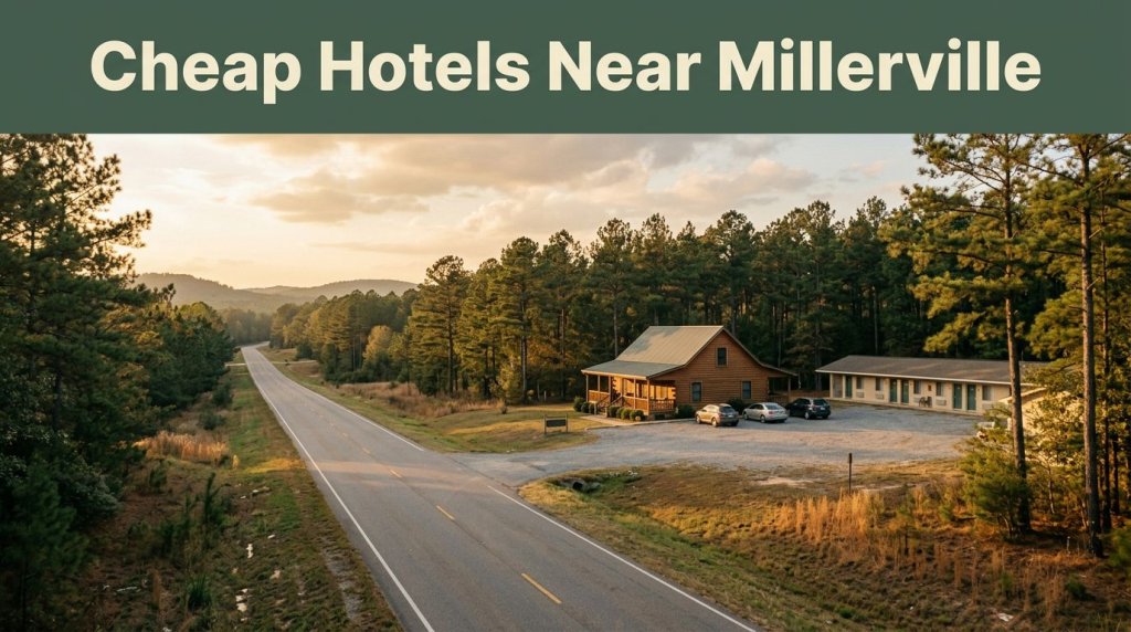 A rural Alabama highway leading to a modest roadside motel and cabin at golden hour.