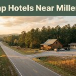 A rural Alabama highway leading to a modest roadside motel and cabin at golden hour.