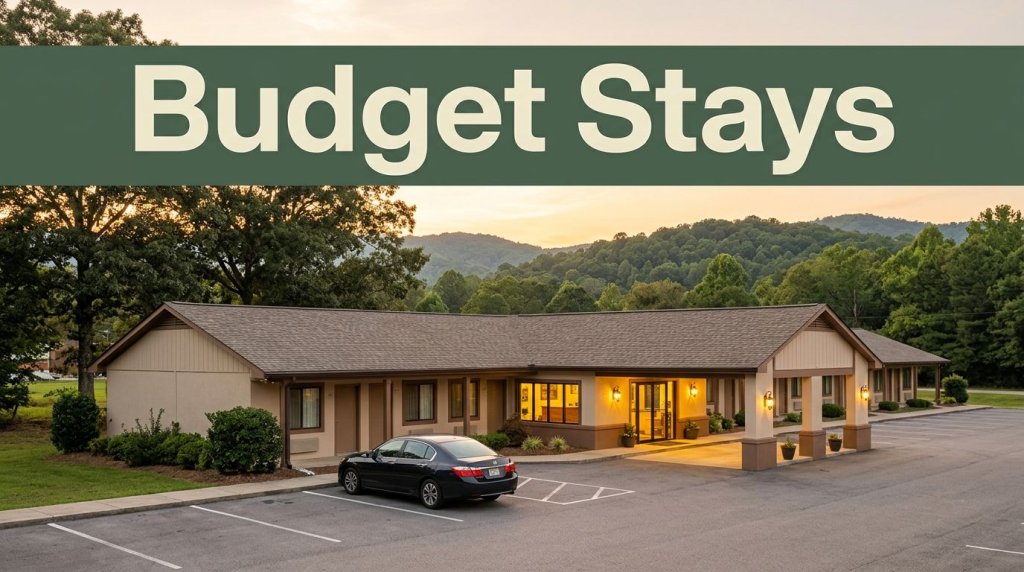 A warmly lit budget motel exterior surrounded by greenery at golden hour.