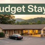 A warmly lit budget motel exterior surrounded by greenery at golden hour.