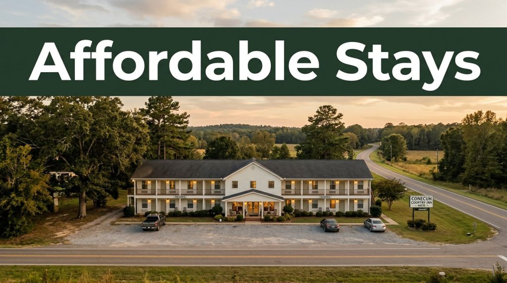 A welcoming two-story motel beside a tree-lined highway during golden hour.