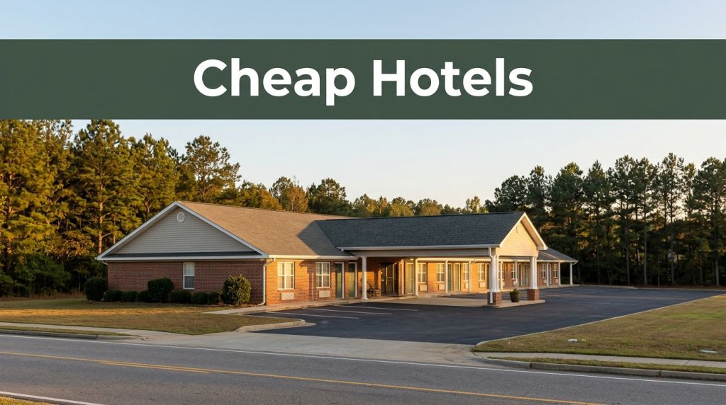 A clean budget motel along an Alabama highway in warm late-afternoon light.